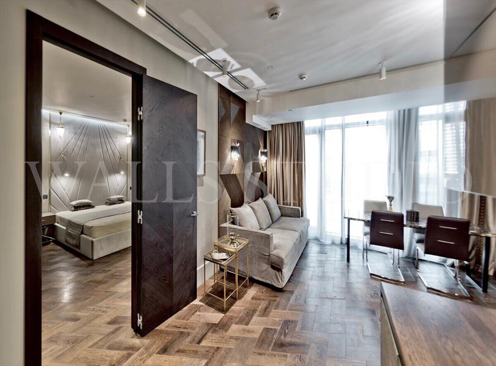 Сочетание панелей из массива и текстиля в апартаментах в Москва Сити